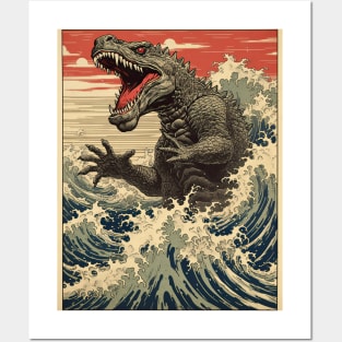 Godzilla crashing through the waves Posters and Art